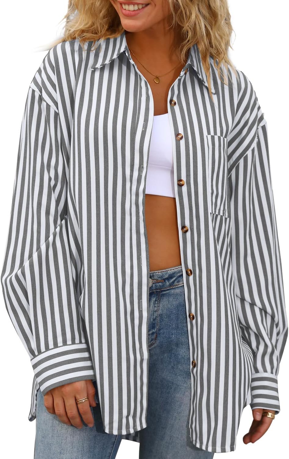 CHYRII Women's Striped Button Down Long Sleeve Blouse