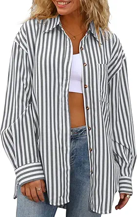 CHYRII Women's Striped Button Down Long Sleeve Blouse