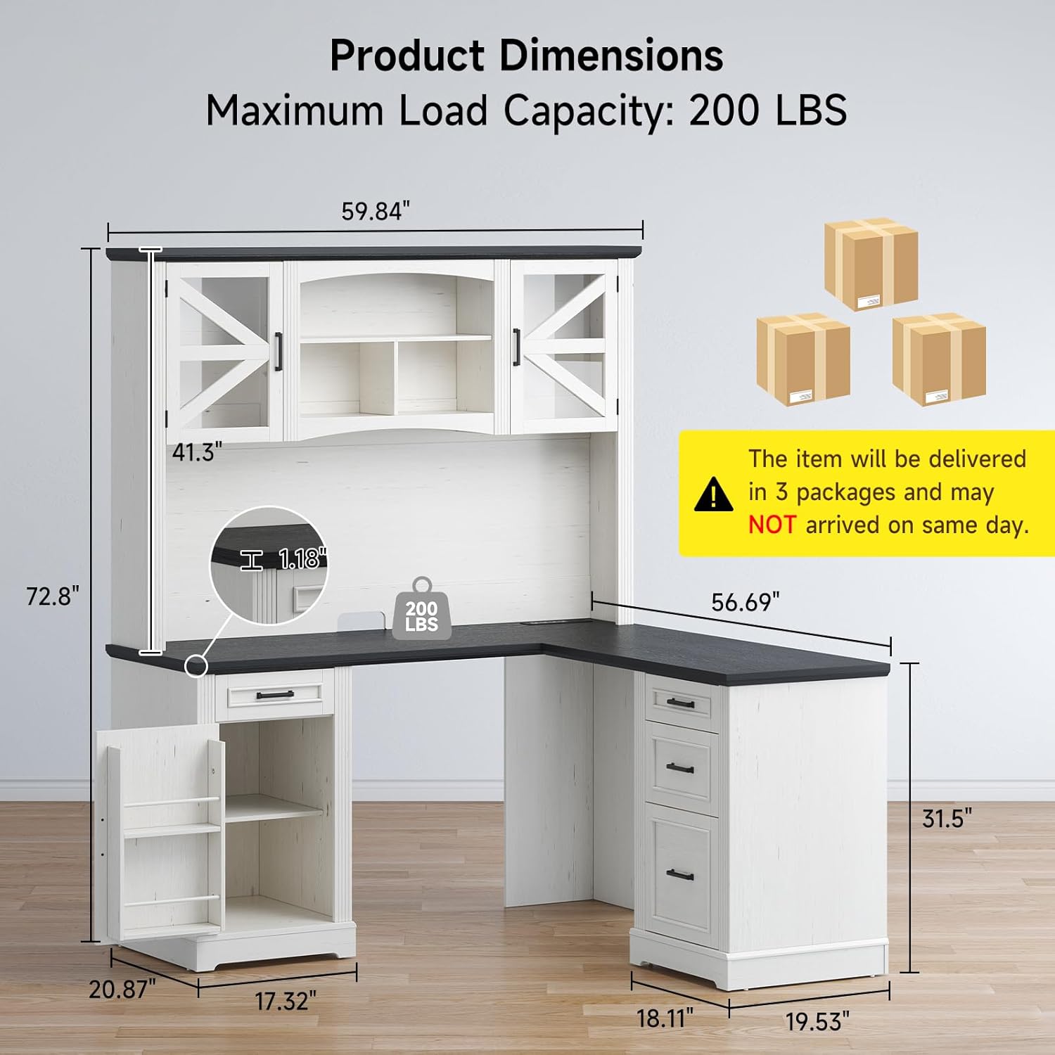 ONBRILL 72" L-Shaped Executive Desk with Hutch, Farmhouse L-Shaped Computer Desk with 4 Drawers, File Drawer and Power Outlet, Home Office Computer Desk for Living Room,Study Room (Off White& Black)