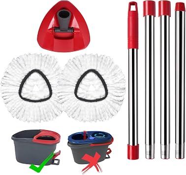 Mop Replace Heads Mop Handle Base Replacement Compatible with O Cedar EasyWring 1-Tank Spin Mops System, 2 Microfiber Mops Head Refills, 4-Section Handle 30-58in and 1 Cover SetNo Bucket