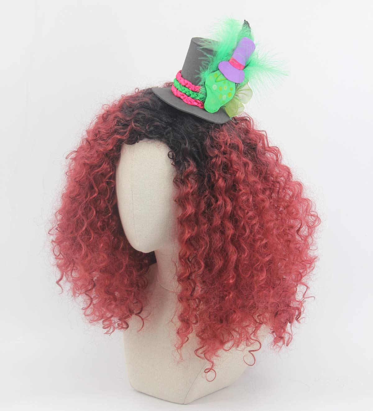 Women's Long Red ombre black Curly Wig with Hat Accessories Halloween Costume Wig