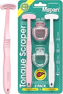 Mspan Tongue Scraper Cleaner Brush: Tongue Care Cleaning Scrubber with Plastic Travel Case Cover for Adults kids - Clean Oral Bad Breath Pink White 2 Pack