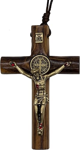 Crucifijo de madera de San Benito en cuerda | Corpus dorado | Gran regalo católico para primera comunión, confirmación y ordenación | Accesorio