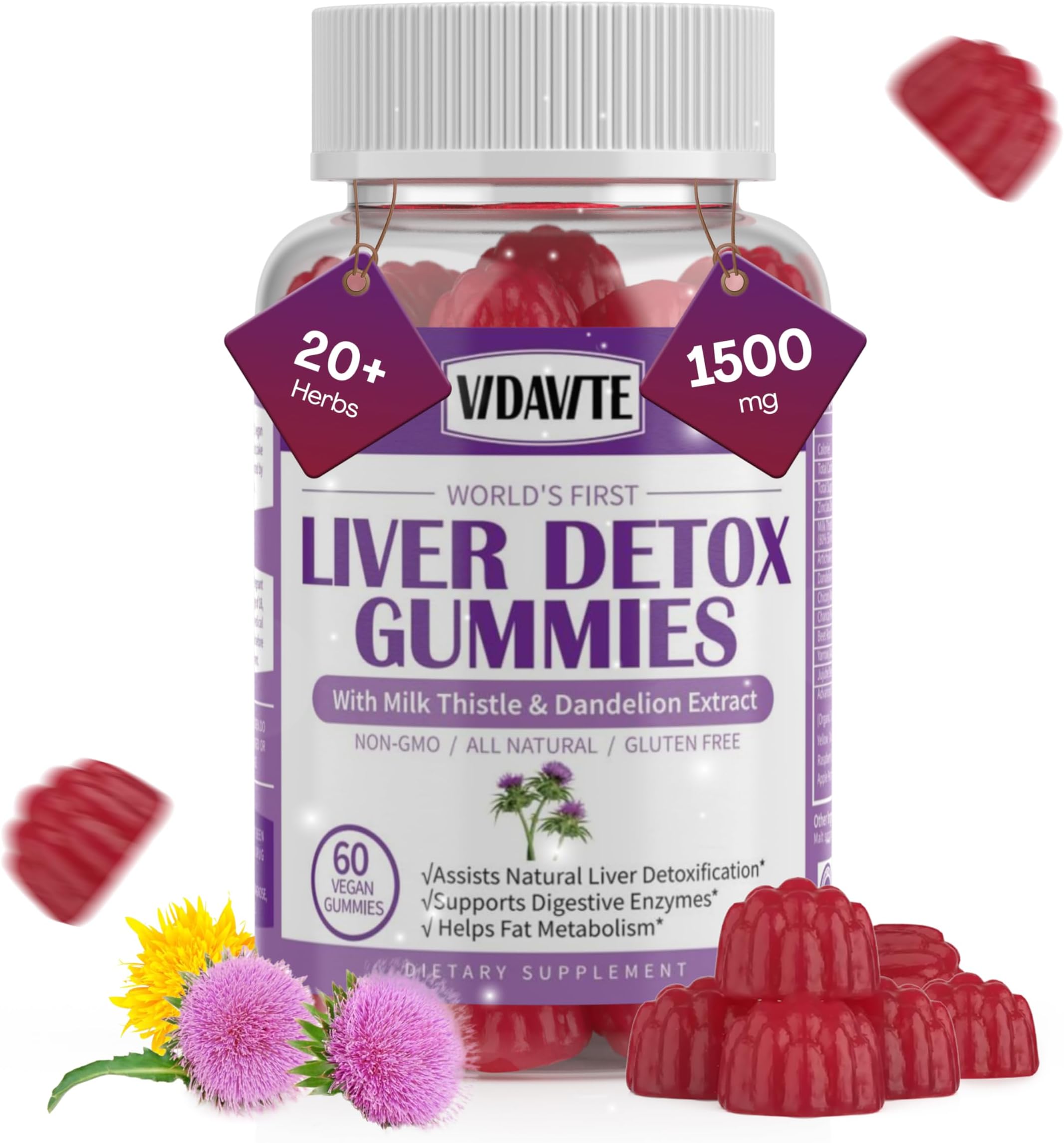 Liver Cleanse Detox & Repair Gummies — 1500mg Silymarin Milk Thistle Supplement with Artichoke, Dandelion and 20+ Herbs — Essential Liver Support Supplement for Men & Women (60 Vegan Gummies)