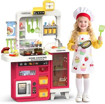 Kids Kitchen Playset, 68 PCS Toddler Kitchen Playset for Toddlers 1-3 3-5, 32.2IN Play Kitchen with Spraying, Light & Sound, Cooking Stove, Play Sink, Oven and Toy Kitchen Accessories Red