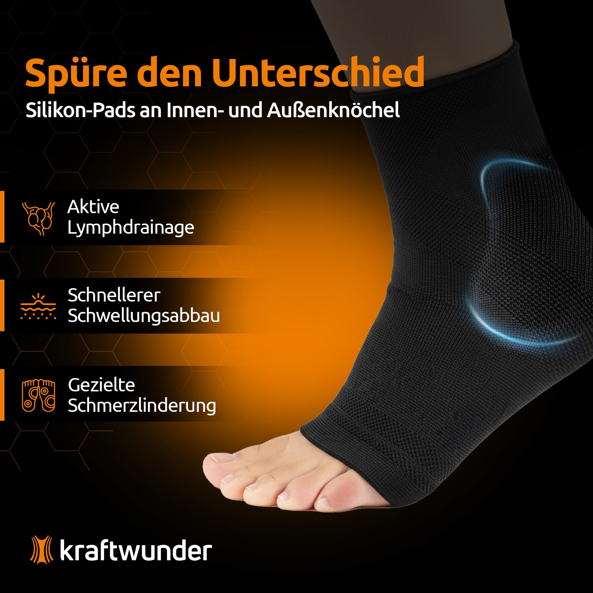 Tobillera fabricada en Alemania – Tobillera con almohadillas de silicona, vendaje de compresión para el tobillo para deporte y uso diario, antideslizante en el zapato (negro, XXL, derecha)