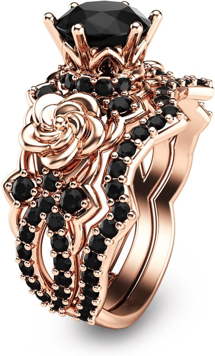 3.2 Ct Round Cut Onyx Black Diamonds Flower Design Bridal Wedding Ring Set, 925 Sterling Silver Rhodium Plated