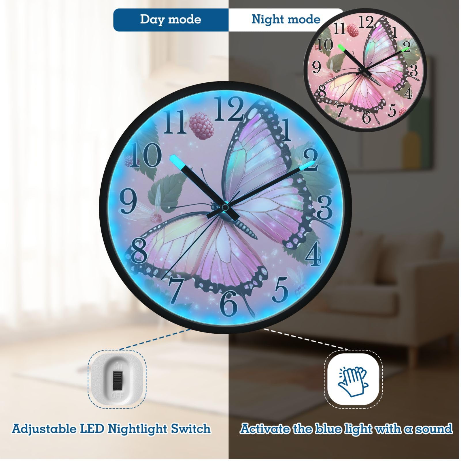 Mnsruu Reloj de pared luminoso con mariposas rosas, reloj de dormitorio, funciona con pilas, silencioso, brilla en la oscuridad, para sala de estar, cocina, 12 pulgadas