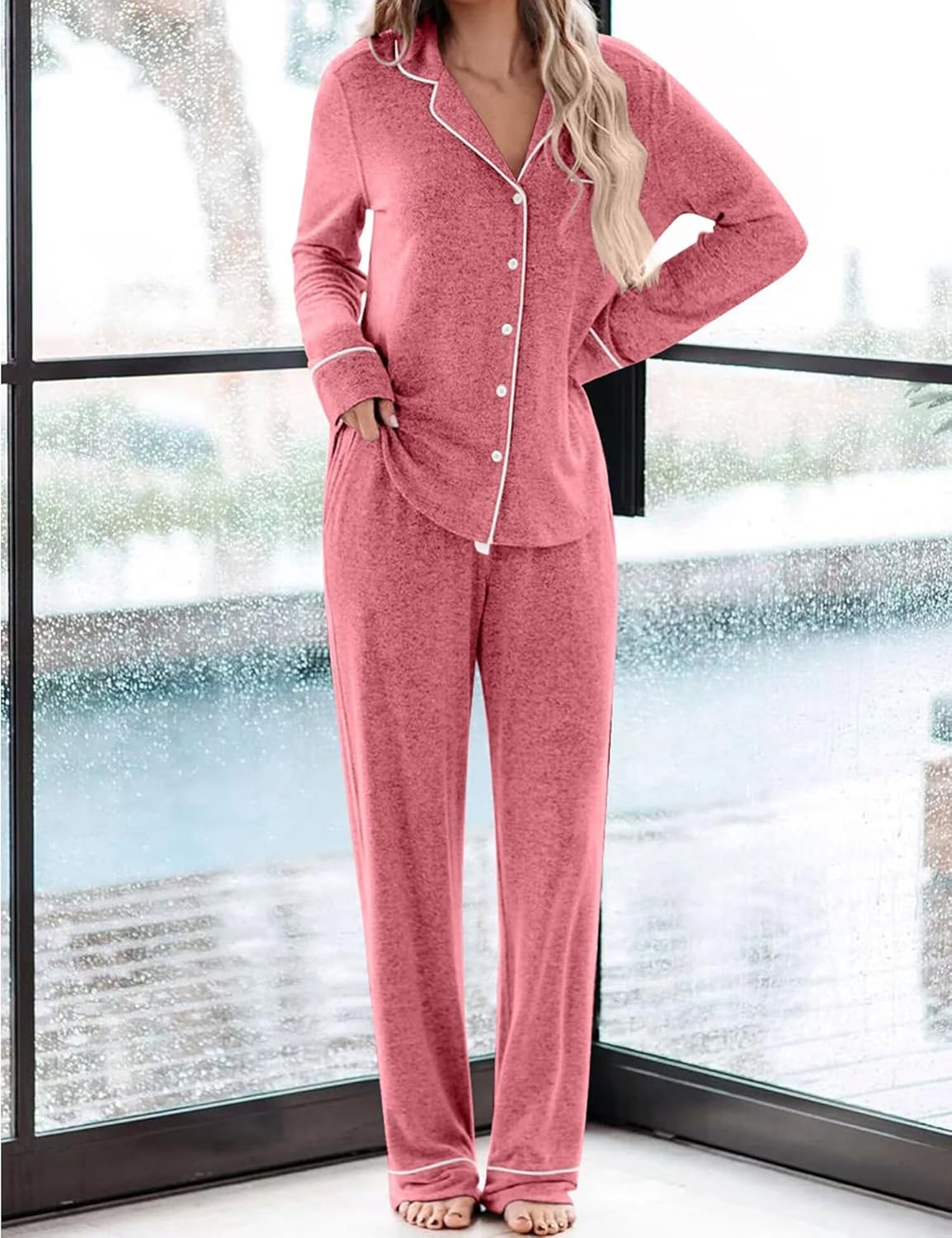 SWOMOG Women's Pajama Sets Long Sleeve Button Down Sleepwear 2 Piece PJs Soft Lounge Sets with Pockets S-XXL - Image 2
