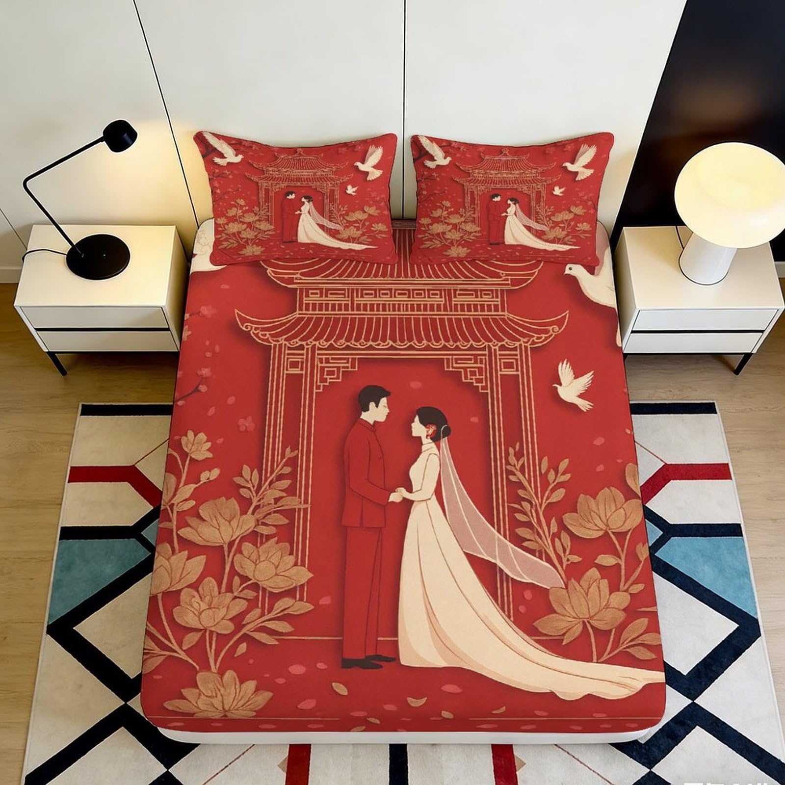 3D Printed Wedding Couple Red Fitted Sheet Microfiber Soft Breathable Romantic 3D Printed Bed Cover for Bedroom Dormitory Guest Room Mattress Protection 140x200x25cm