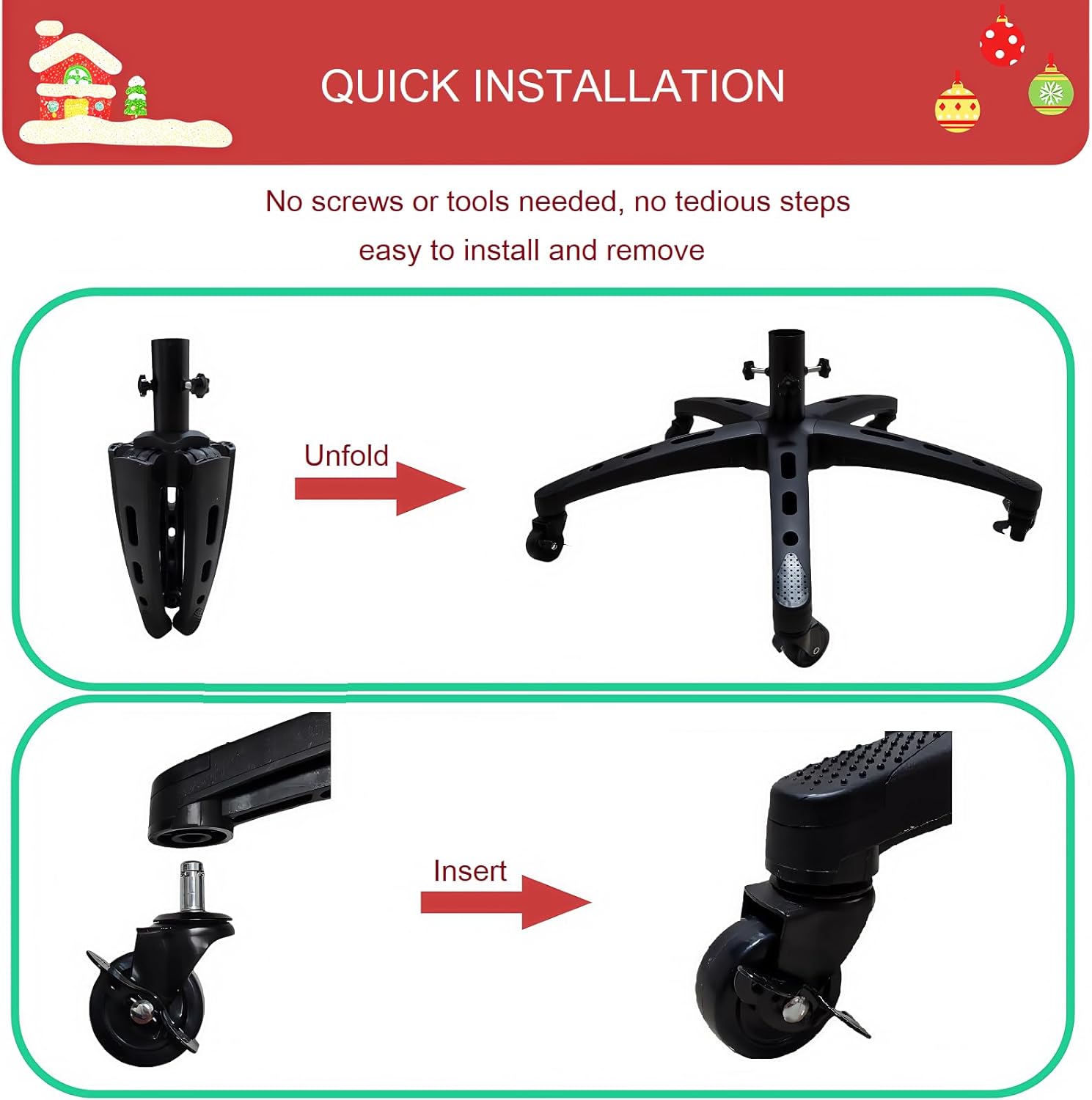 Rolling Christmas Tree Stand with 5 Wheels for up to 9 Foot Artificial Trees, Universal Heavy Duty Movable Xmas Tree Stand Base, Adjustable Fake Tree Holder Base with Rotating Casters