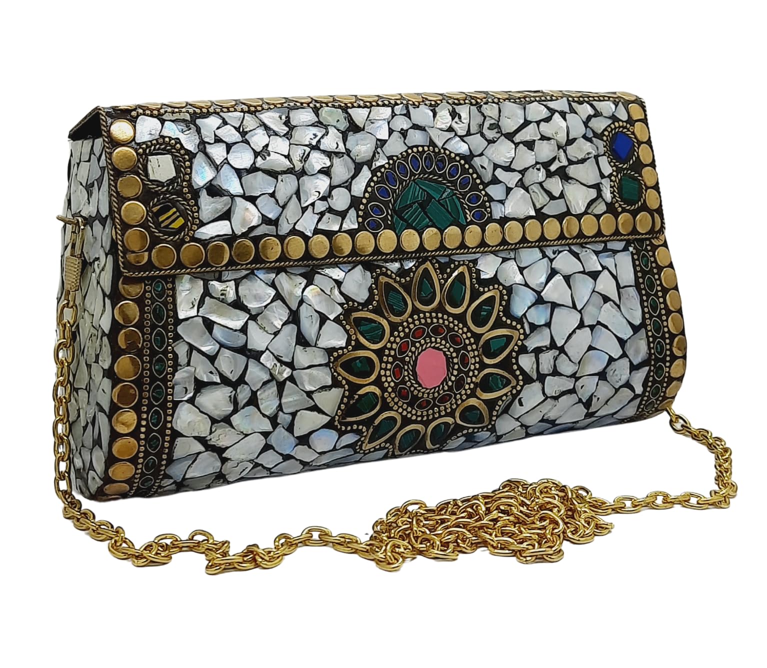 Trend Overseas Handmade mosaic metal bag Stone Ethnic Indian Women/Girls Bridal metal clutch party sling bag (Shell Chips 1) (B0CRLCKHDM) Amazon Price History, Amazon Price Tracker