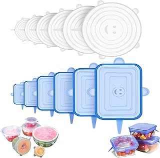 12 Stück Silikondeckel Dehnbar, Verschiedenen Größen Kreis und Rechteck Silikon Deckel, Dichtungsdeckel für Schüsseln, GläSer, Joghurtbecher, Dosen, Transparent Weiß und Blau