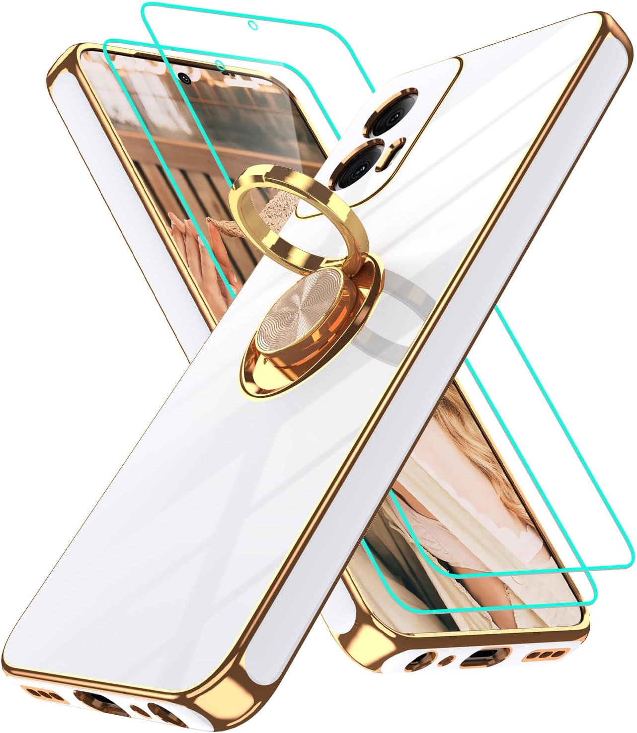 Gritup for Moto G Power 5G 2024 Case: (𝐍𝐨𝐭 𝐟𝐢𝐭 𝐆 𝟓𝐆 𝟐𝟎𝟐𝟒) [2Pcs Screen Protector] [360° Rotation Ring Holder Magnetic Kickstand] Plating Gold Edge Soft TPU Protective Cover White
