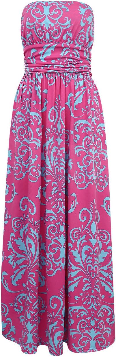 Women's Strapless Boho Floral Style Maxi Long Dress (Hot Pink, S)