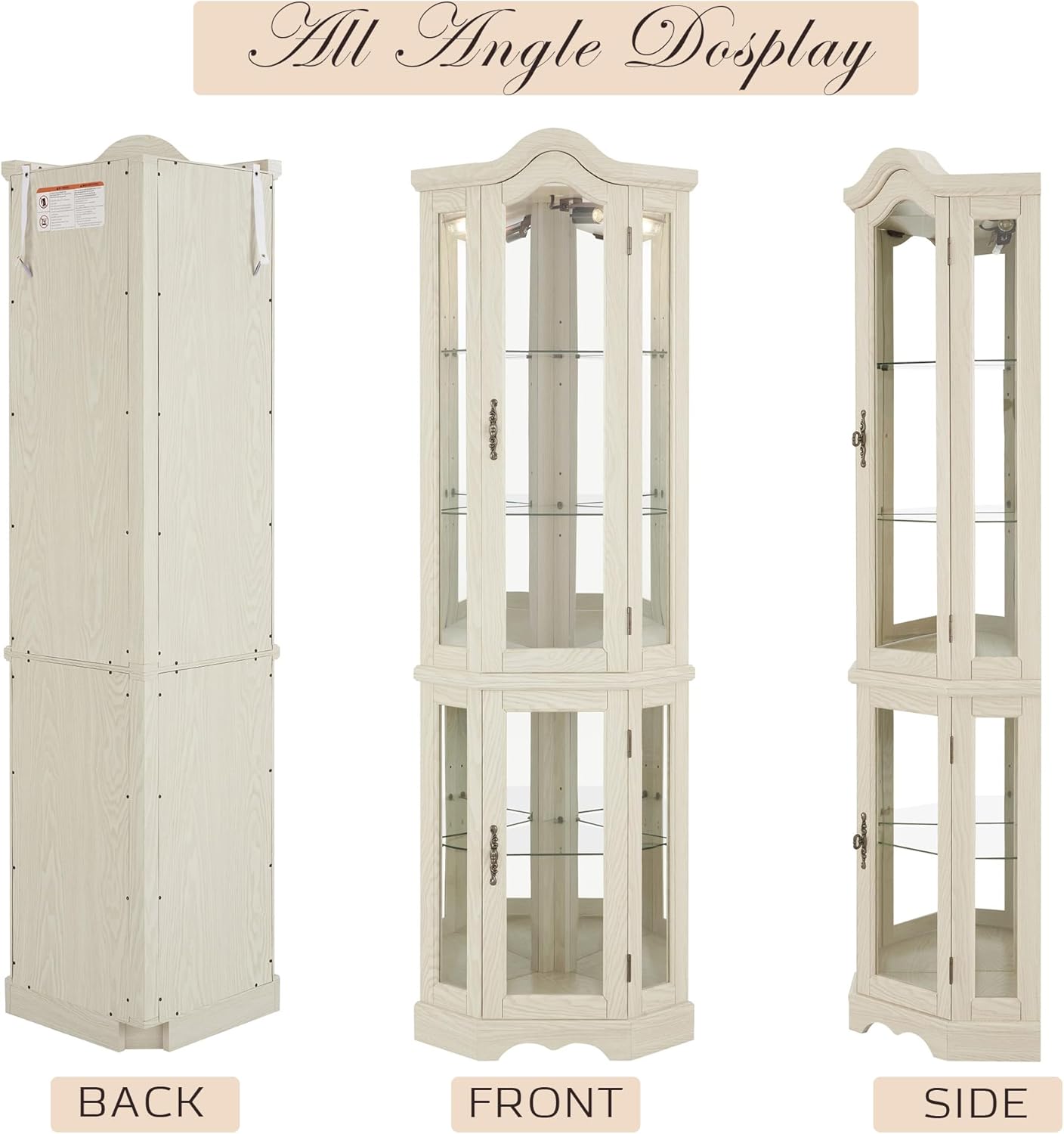 70.5" H Lighted Corner Display Curio Cabinet, Wooden Shelving Unit with Tempered Glass Doors, Bar and Liquor Storage Area, Rack for Living Room (Antique White)