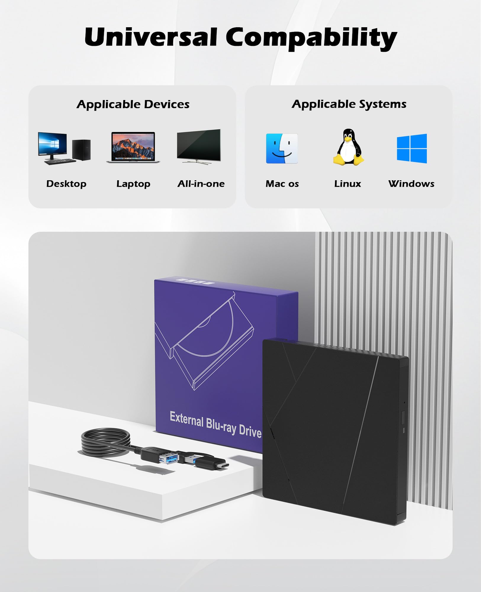 Wbacon Unidad Blu ray externa con cable de datos de extensión USB 3.0 tipo C | Unidad de DVD Blueray externa para PC, grabadora externa Bluray compatible con Windows/MacOS/Linux Laptop Desktop