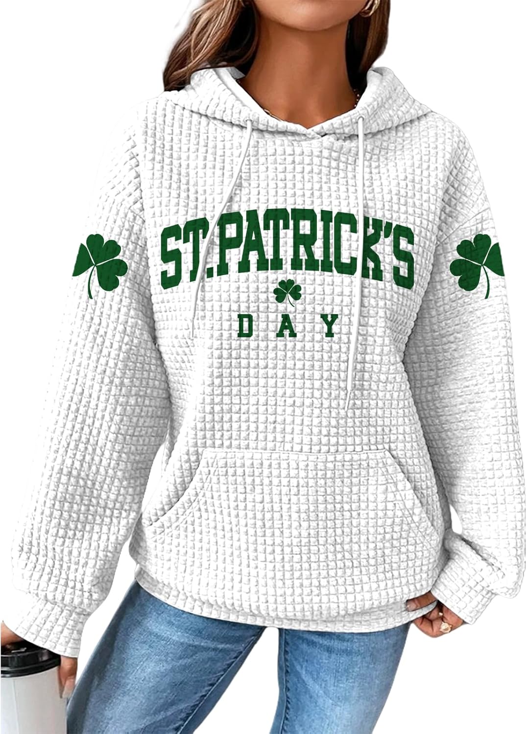 St Patricks Day Hoodies For Women Shamrock Print Waffle Pullover Fashion Long Sleeve Hooded Sweatshirts With Pocket