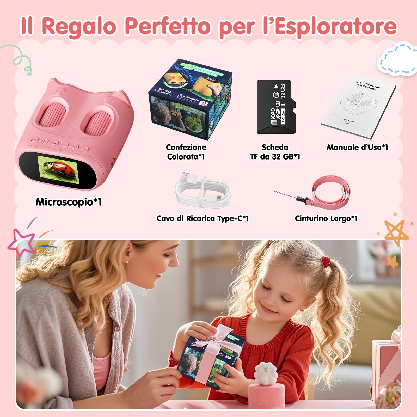 2 in 1 Microscopio Bambini e Telescopio, Microscopio Digitale Bambini con Scheda 32GB, 1000X Microscopio Portatile con Schermo IPS da 2,0 Pollici e 8 Luci LED, Regalo per Bambini dai 3 Anni
