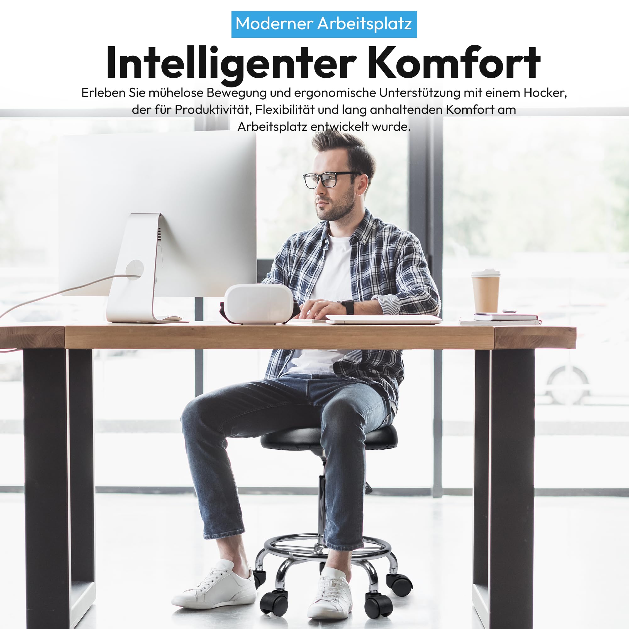 GOODS+GADGETS Ergonomie rollbarer Arbeitshocker Drehhocker Barhocker Praxishocker Rollhocker höhenverstellbar, schwarz