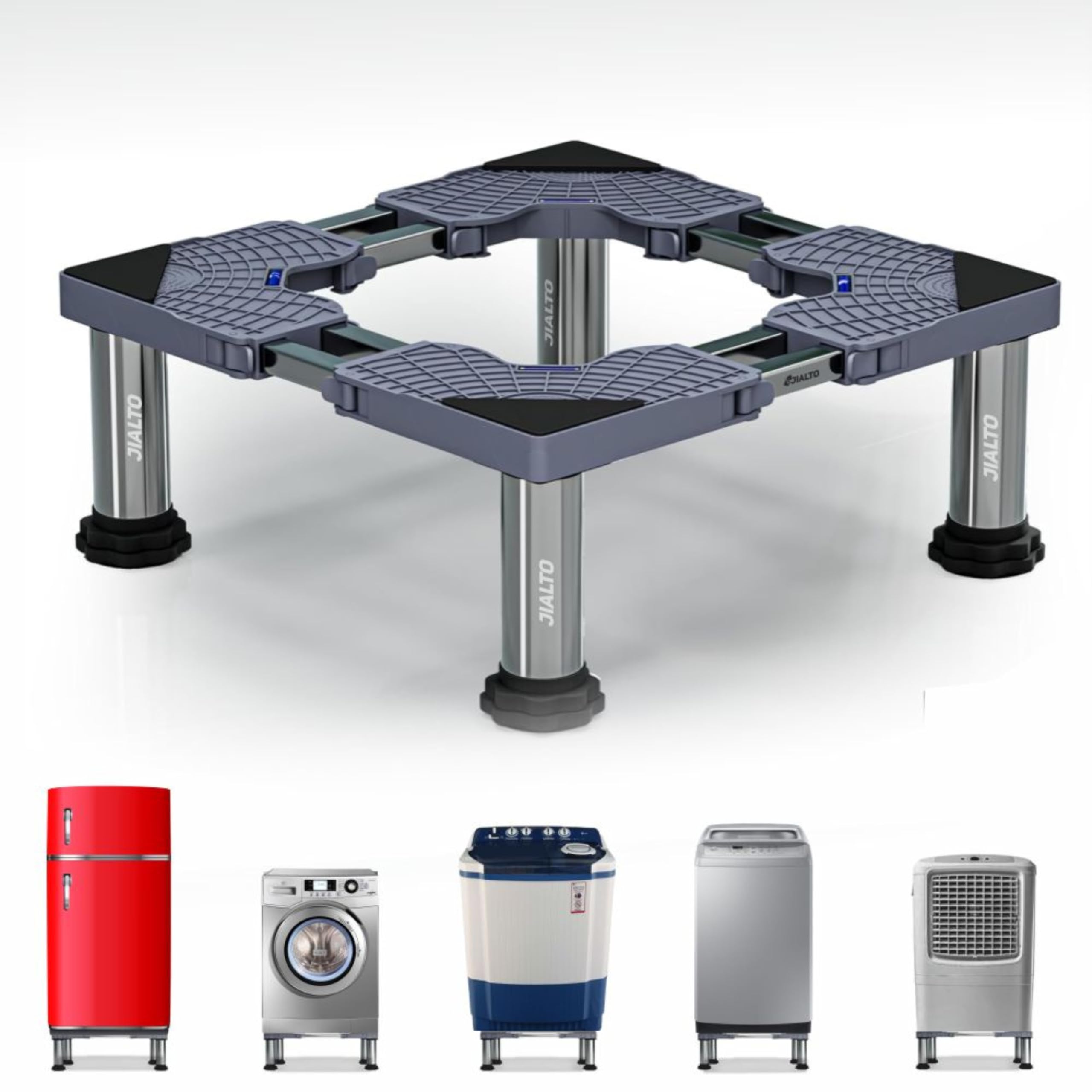 JIALTO Universal Washing Machine Stand 5-12Kg| Washing Machine Trolley | Refrigerator Stand For Fridge | Spirit Level | Anti-Vibration Legs | Rubber Pads Load Capacity 350Kg (Double SS Pipe / GREY)
