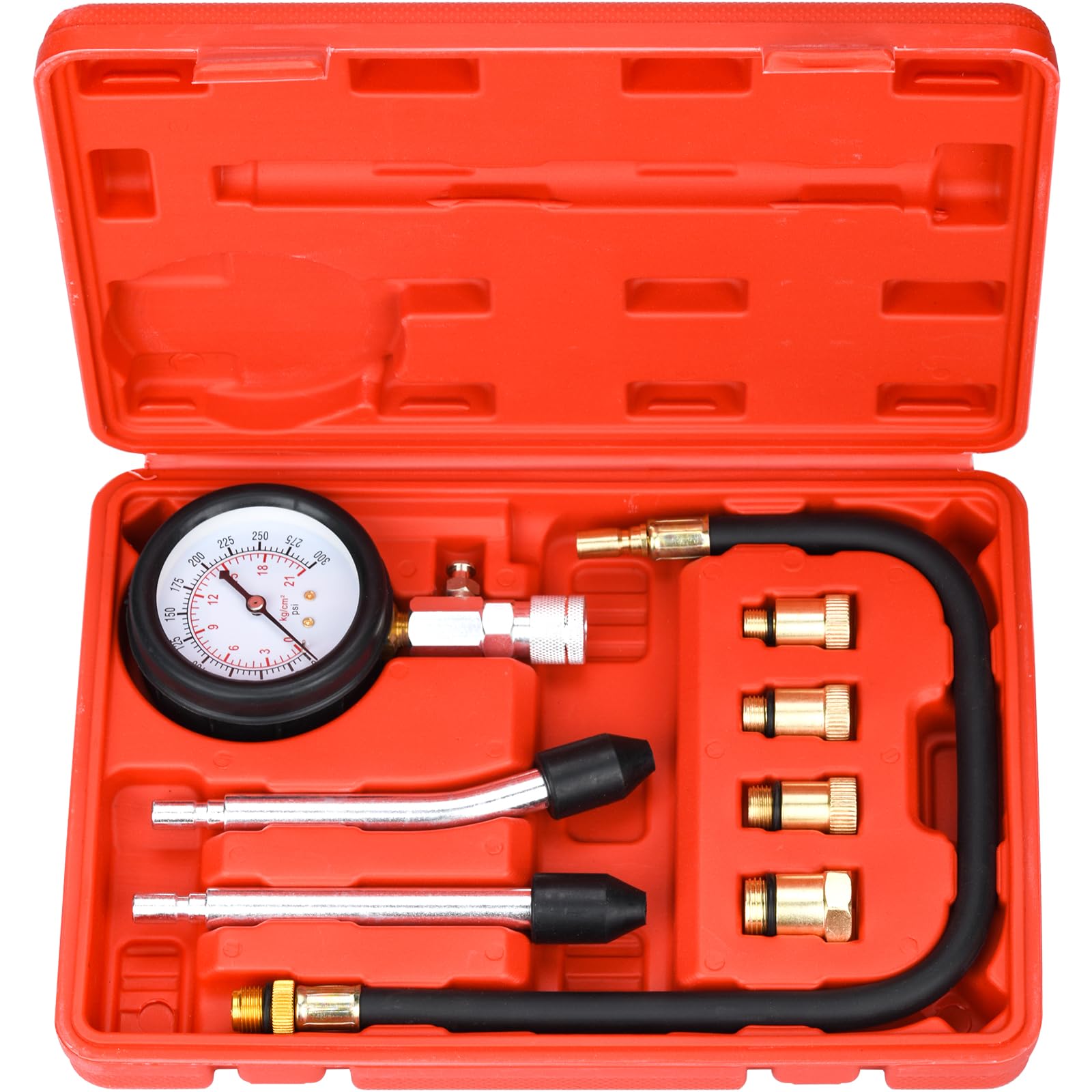 Testeur de Compression de Cylindre, Compressiomètre pour Moteurs à Essence, 0-20 bar & 0-300 psi avec 4 Adaptateurs M10 M12 M14 M18 (Rouge)