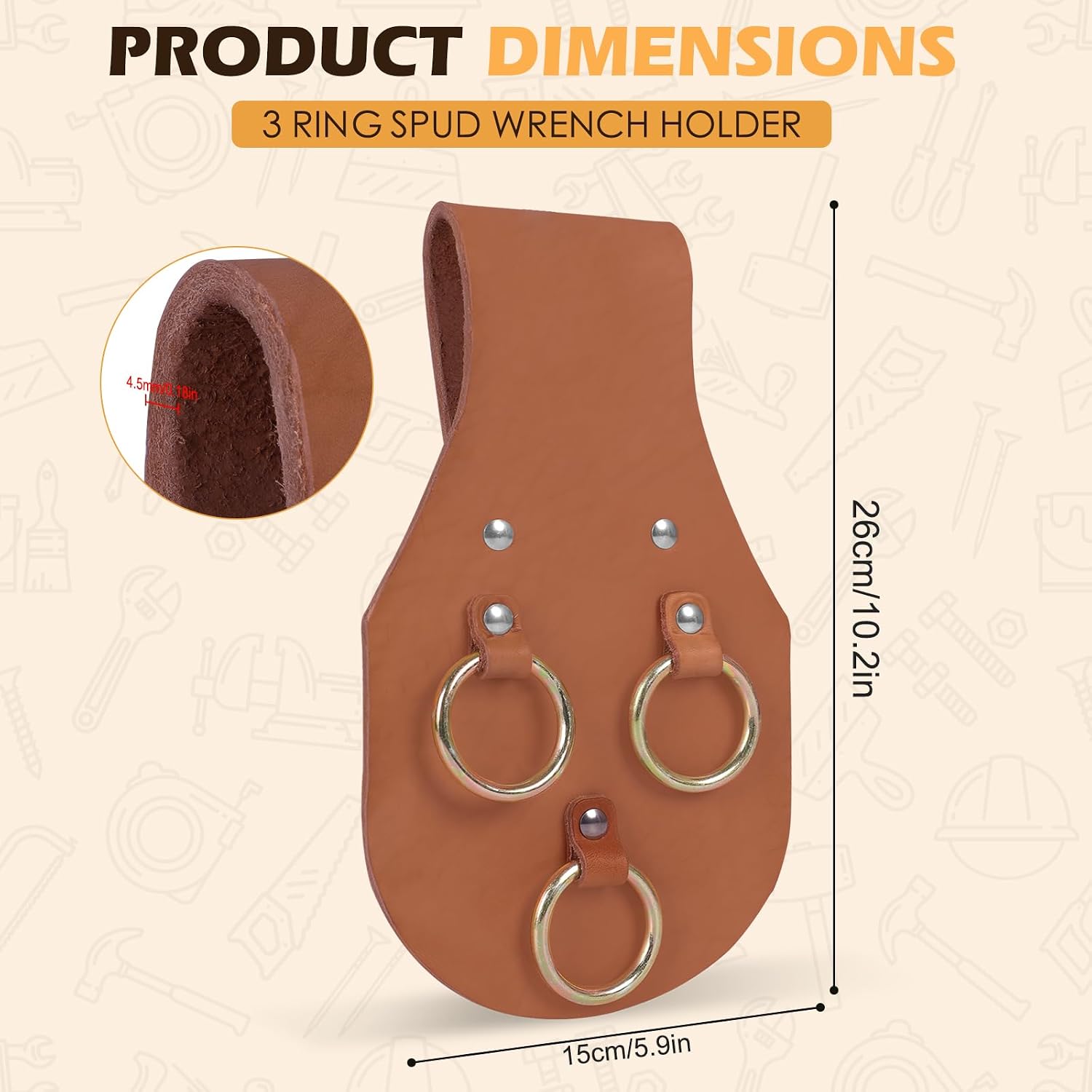 3 Ring Spud Wrench Holder for Tool Belt, Heavy-Duty Leather Ironworker Tool Holster with Welded Steel Rings for Tool Organization (1)