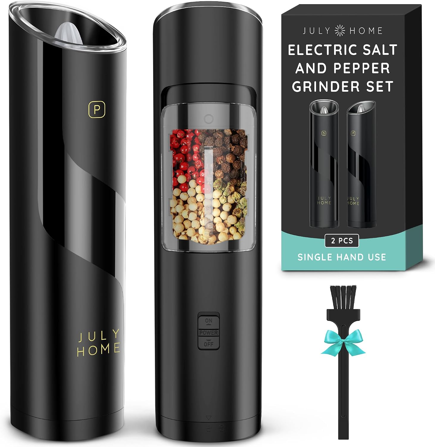 Gravity Electric Salt and Pepper Grinder Set of 2, Battery Operated, Adjustable Coarseness, One Hand Operation, Electric Pepper Grinder LED Light & Cleaning Brush by July Home