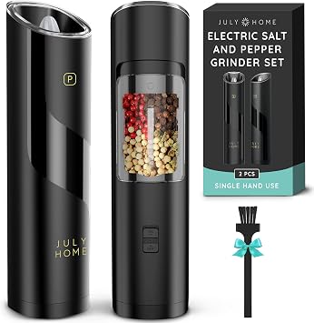 Gravity Electric Salt and Pepper Grinder Set of 2, Battery Operated, Adjustable Coarseness, One Hand Operation, Electric Pepper Grinder LED Light & Cleaning Brush by July Home