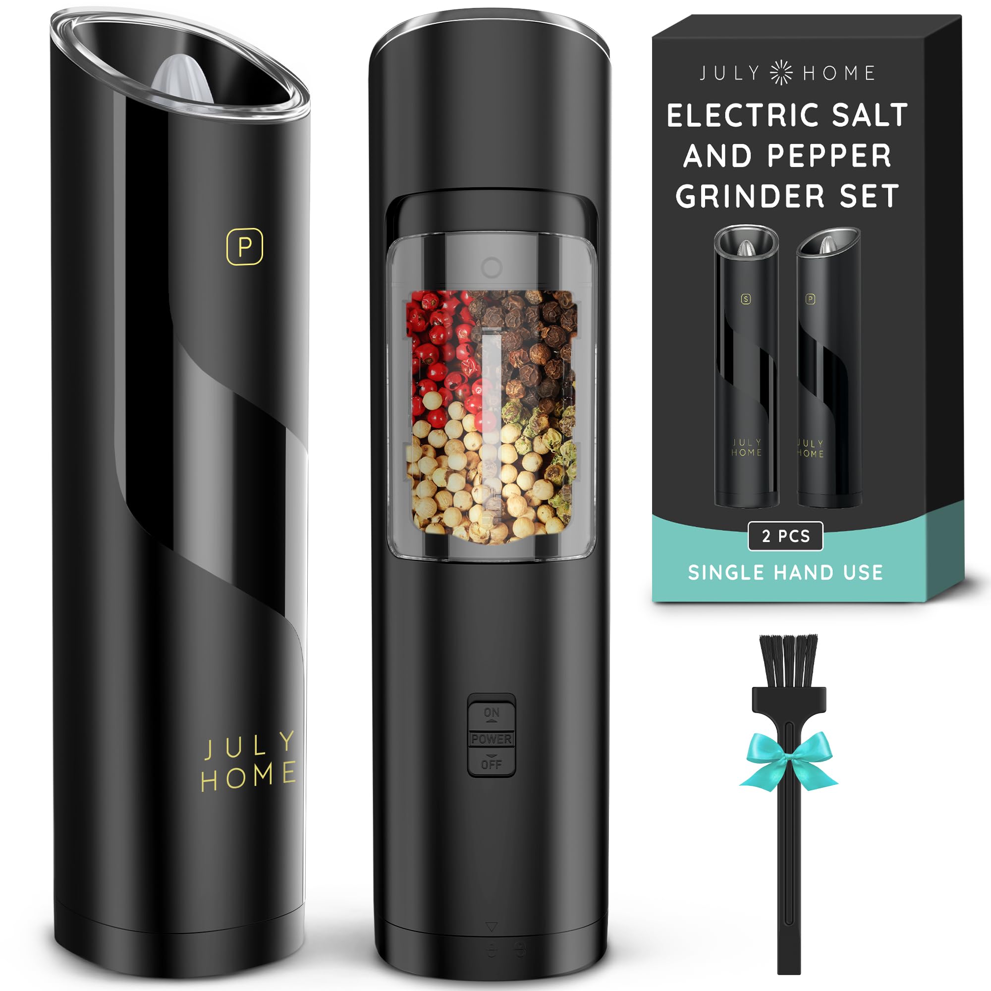 Gravity Electric Salt and Pepper Grinder Set of 2, Battery Operated, Adjustable Coarseness, One Hand Operation, Electric Pepper Grinder LED Light & Cleaning Brush by July Home