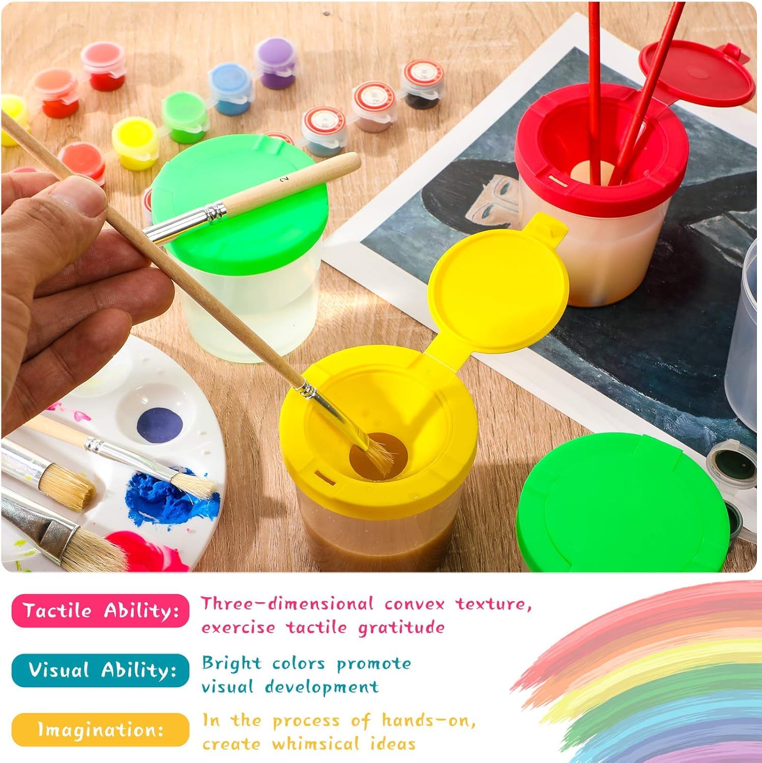 Homkare Gobelets de peinture pour enfants avec couvercles, conteneurs de peinture anti-déversement – Comprend des pinceaux et un plateau à palette (lot de 23
