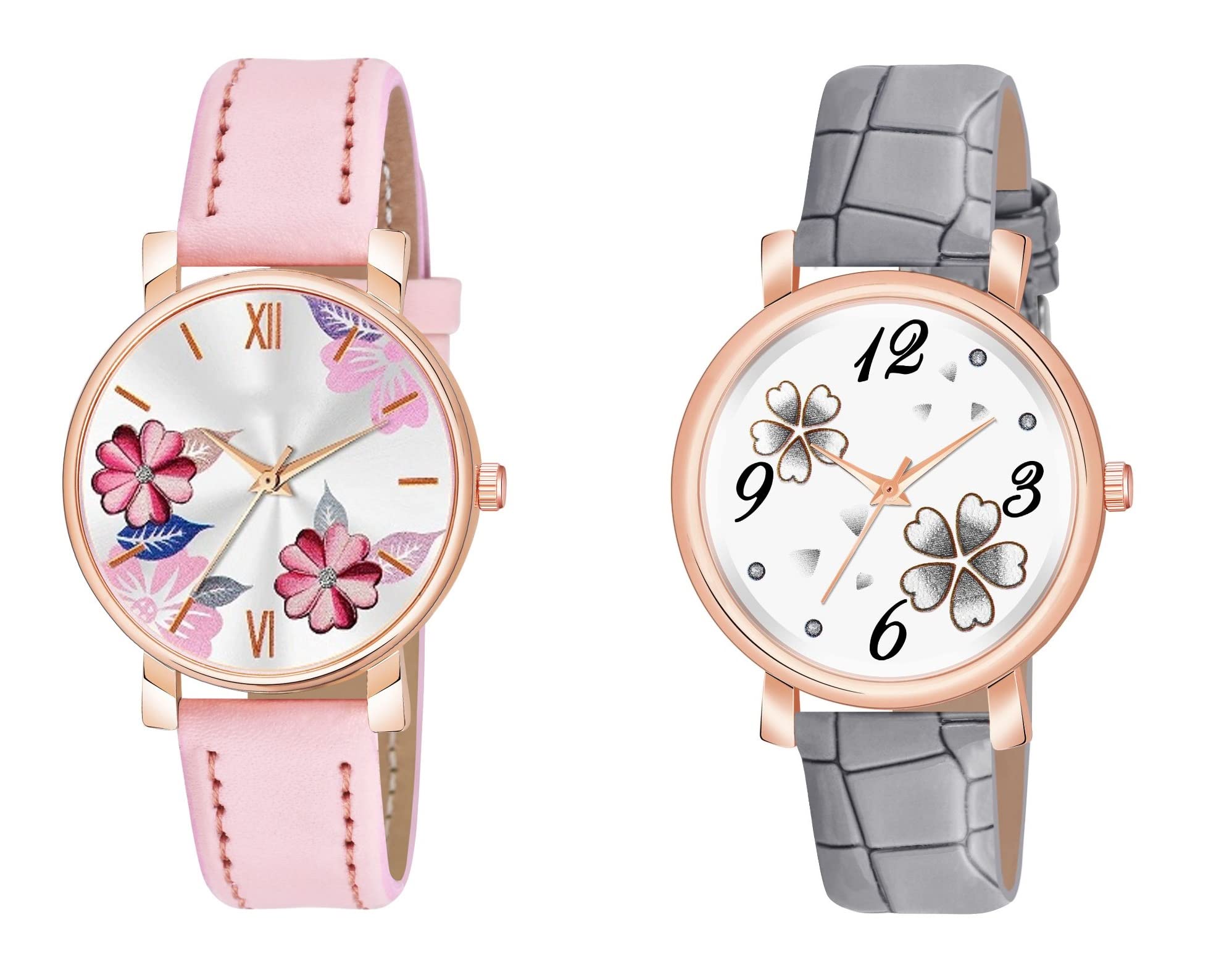 KIARVI GALLERY Analogue Round Dial Dual Flower Premium Leather Strap Watch for Girls and Women (Pack of -2, Grey-Black) (Pink-Grey) (B0C43P2VKB) Amazon Price History, Amazon Price Tracker