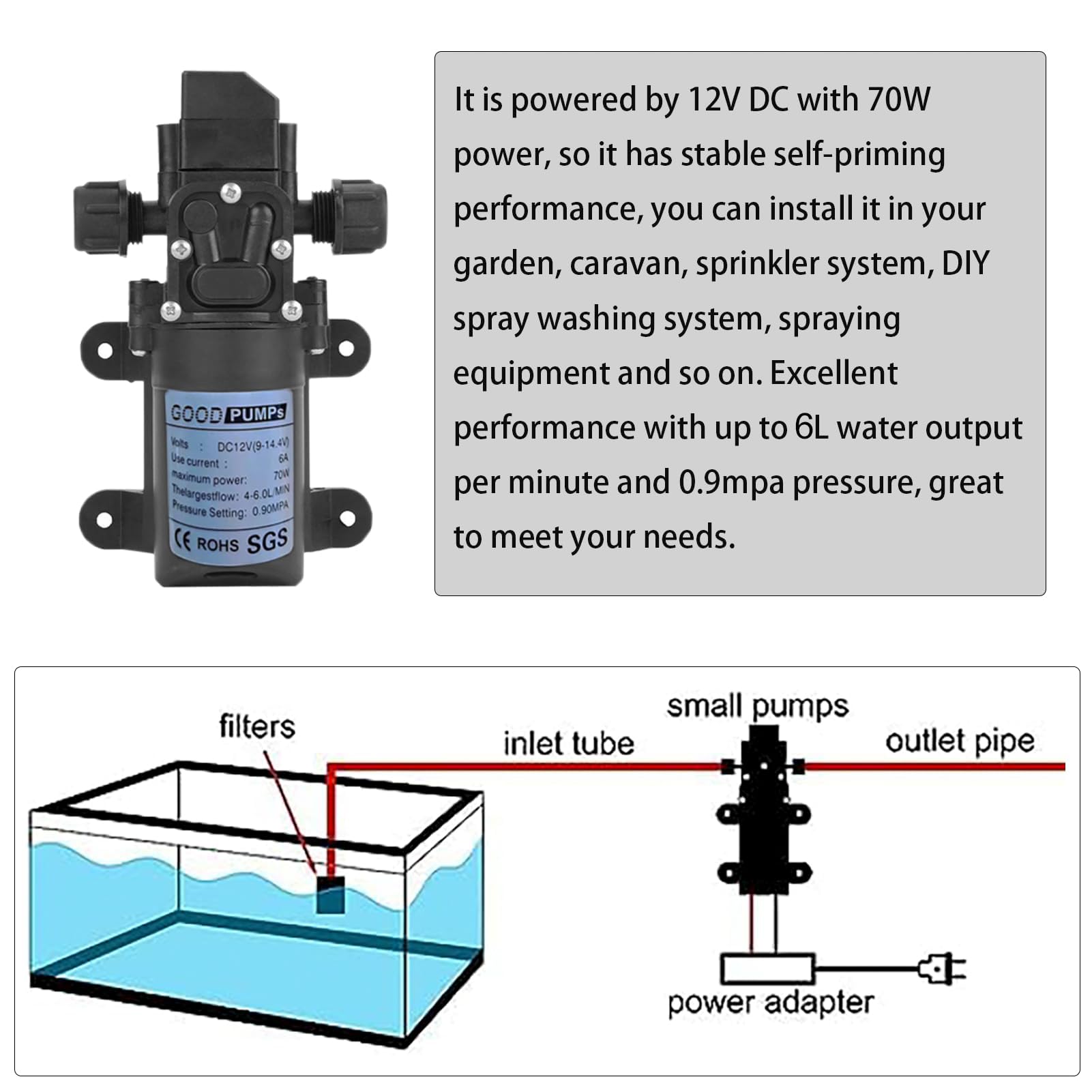Omba Bomba de Agua 12V 0.9Mpa 6L 70W Alta Presión Autocebante para Jardín Caravana Camping