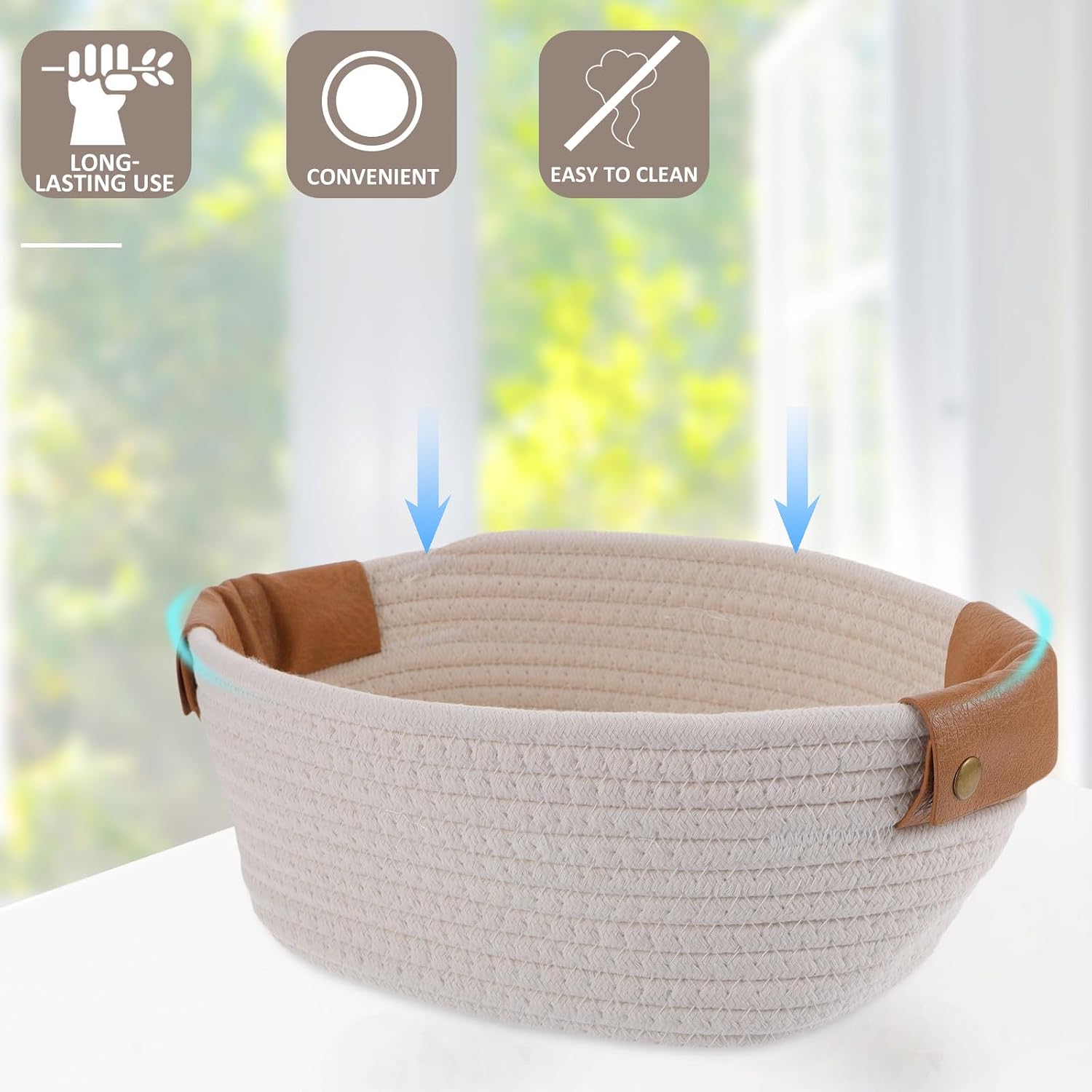 Basket Handles Storage Rope Leather White Cotton with Bathroom