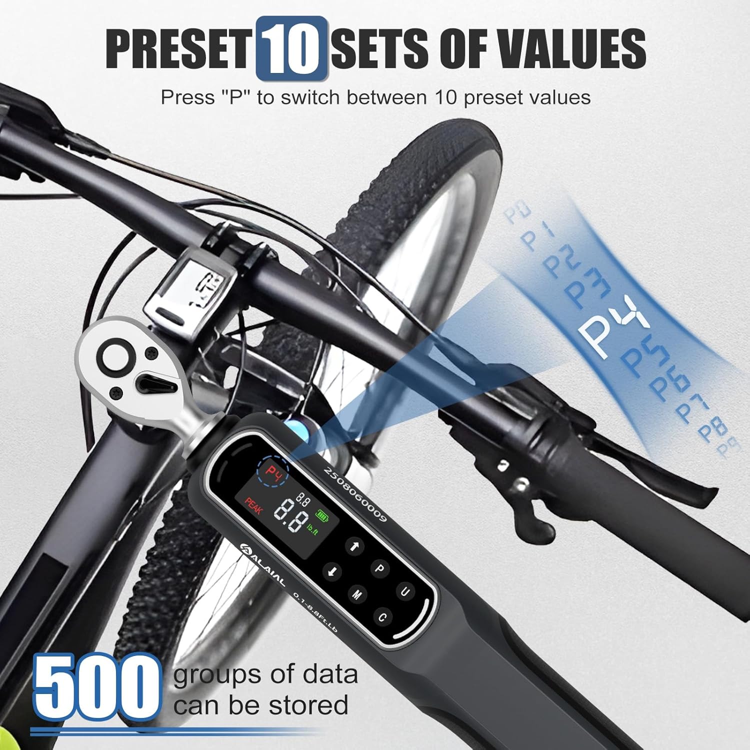 Digital Torque Wrench showing preset values and data storage