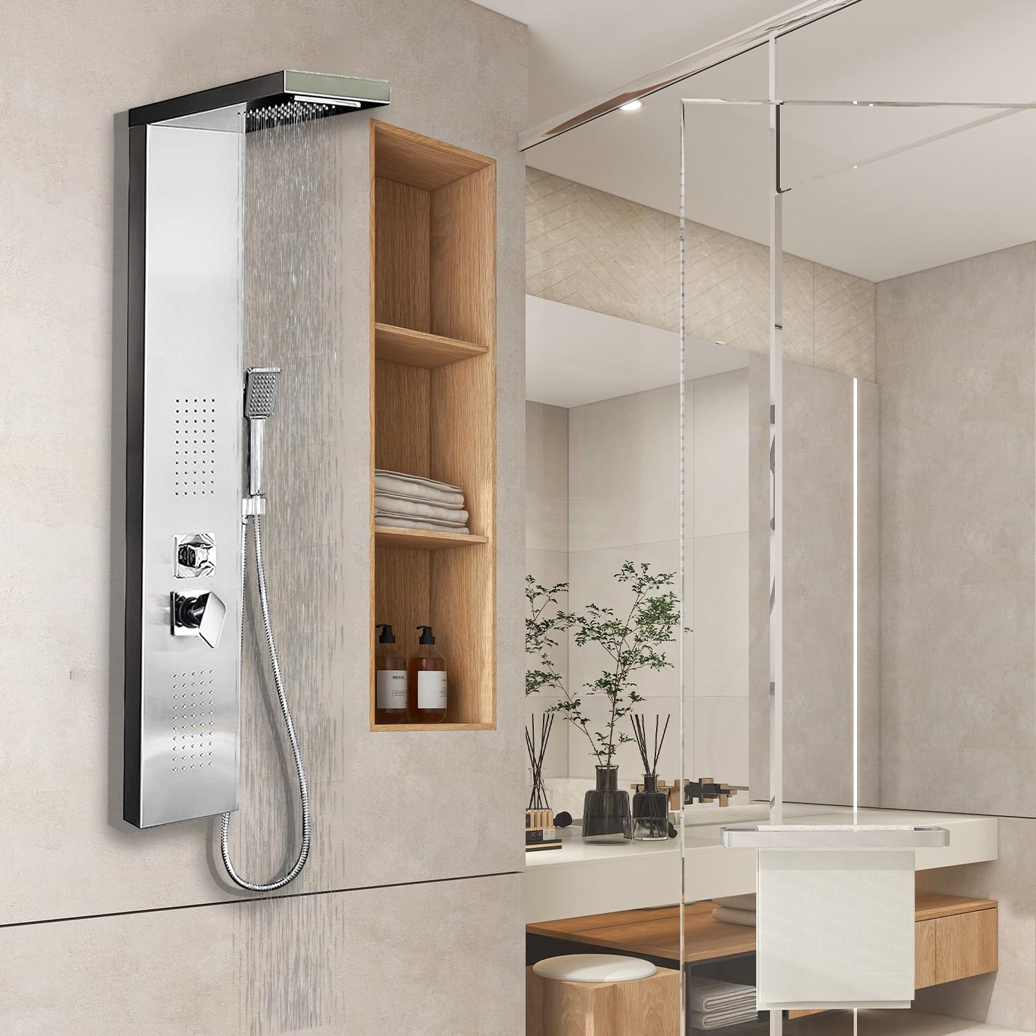 Pannello Doccia angolare in Acciaio Inox - Soffione Doccia a Pioggia e a Cascata a 4 funzioni, Set Completo di Accessori per Doccia per Installazione angolare