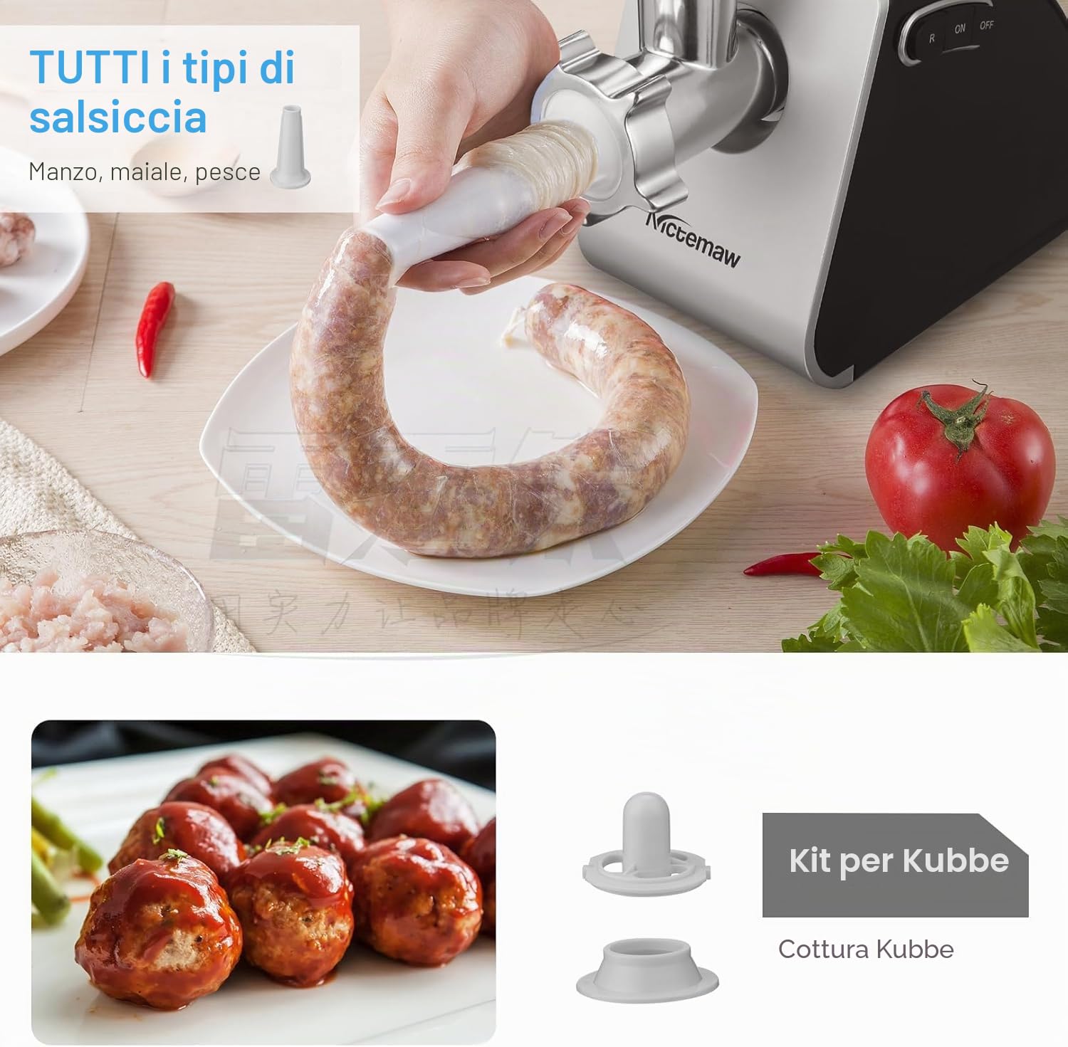 COOCHEER Tritacarne Elettrico 2000W Professionale, 3-IN-1 Tritacarne con 3 piastre di macinazione, Attacco per Salsiccia e Kubbe, Robot da Cucina per Carne, Salsiccia, Kebbe