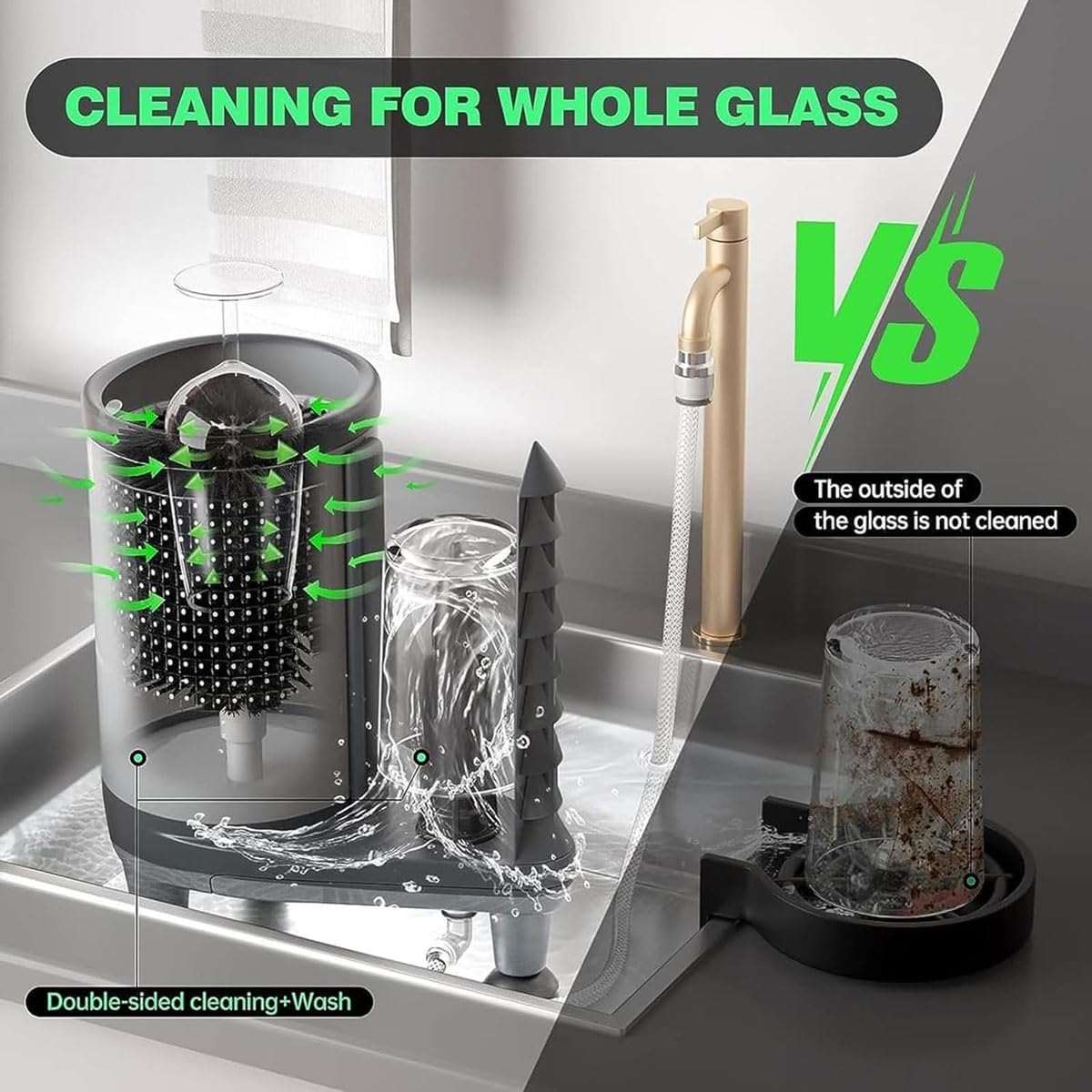 Enjuague de vidrio para limpieza, limpiador de vasos de nailon de 360°, limpiador de fregadero de cocina fácil de lavar rápido para restaurantes, cafeterías y bares