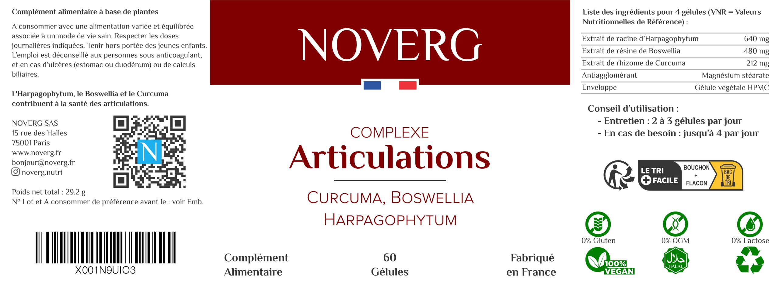Articulations Douloureuses | Anti-Douleur, Souplesse, Mobilité | Curcuma, Boswellia, Harpagophytum | Vegan & Naturel | 60 Gélules | Cure de 30 Jours | Fabriqué en France