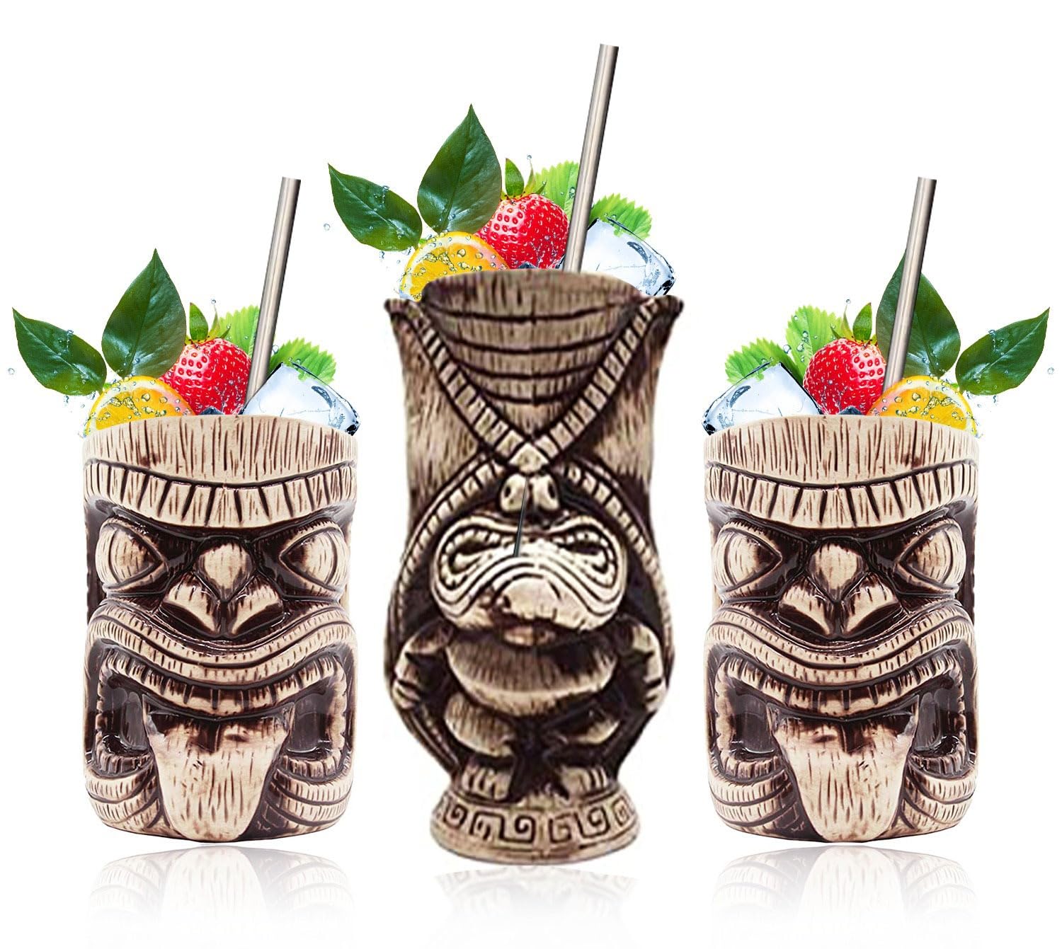 3 X Glasses Tiki Ceramic,Cocktail Mugs to Enjoying Hawaiian Party Barware, Premium Tropical Cups For Exotic Tiki Cup Professional.