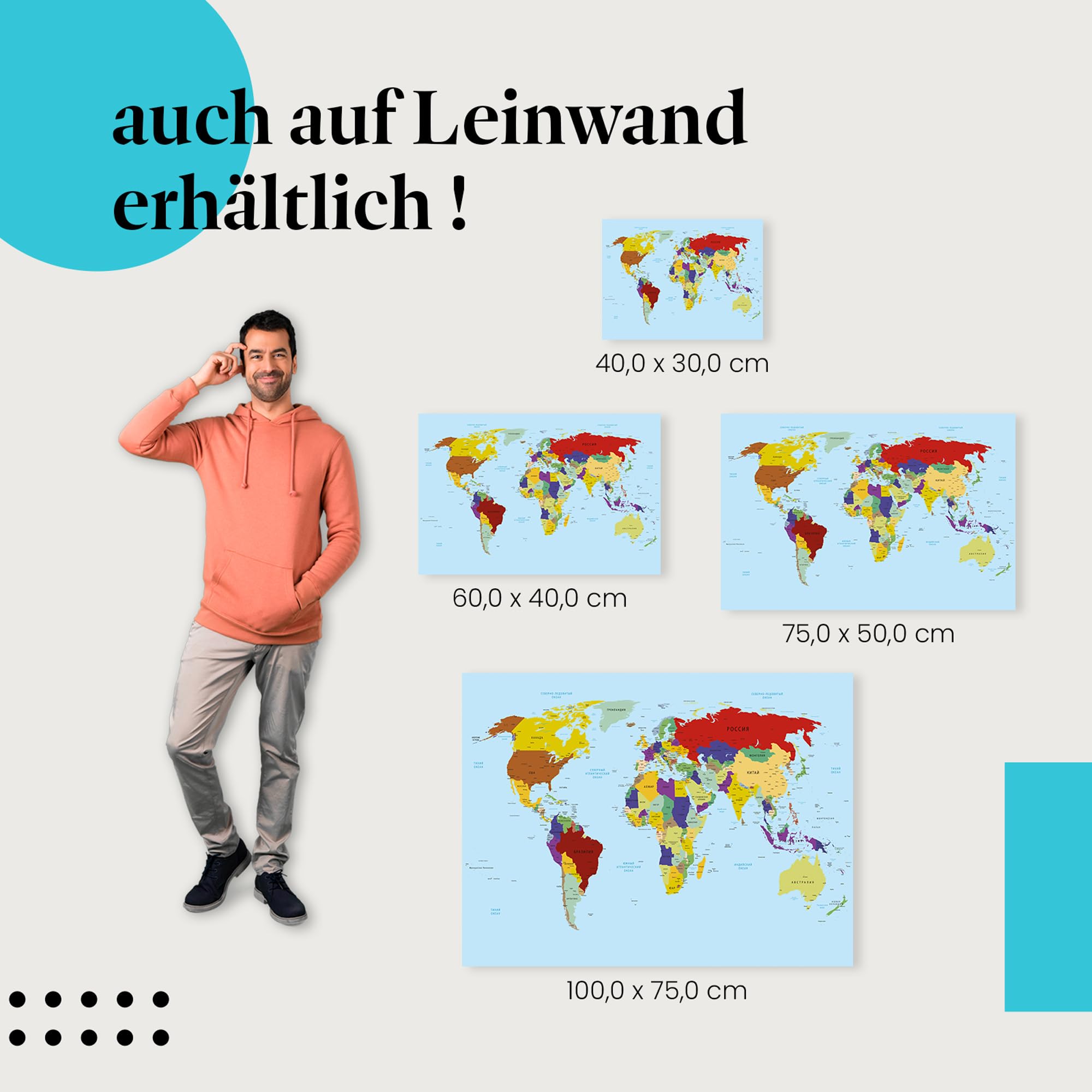 Postereck - 0672 - Politische Weltkarte, In Russisch Hauptstadt - Unterricht Klassenzimmer Schule Wandposter Fotoposter Bilder Wandbild Wandbilder - Leinwand - 75,0 cm x 50,0 cm