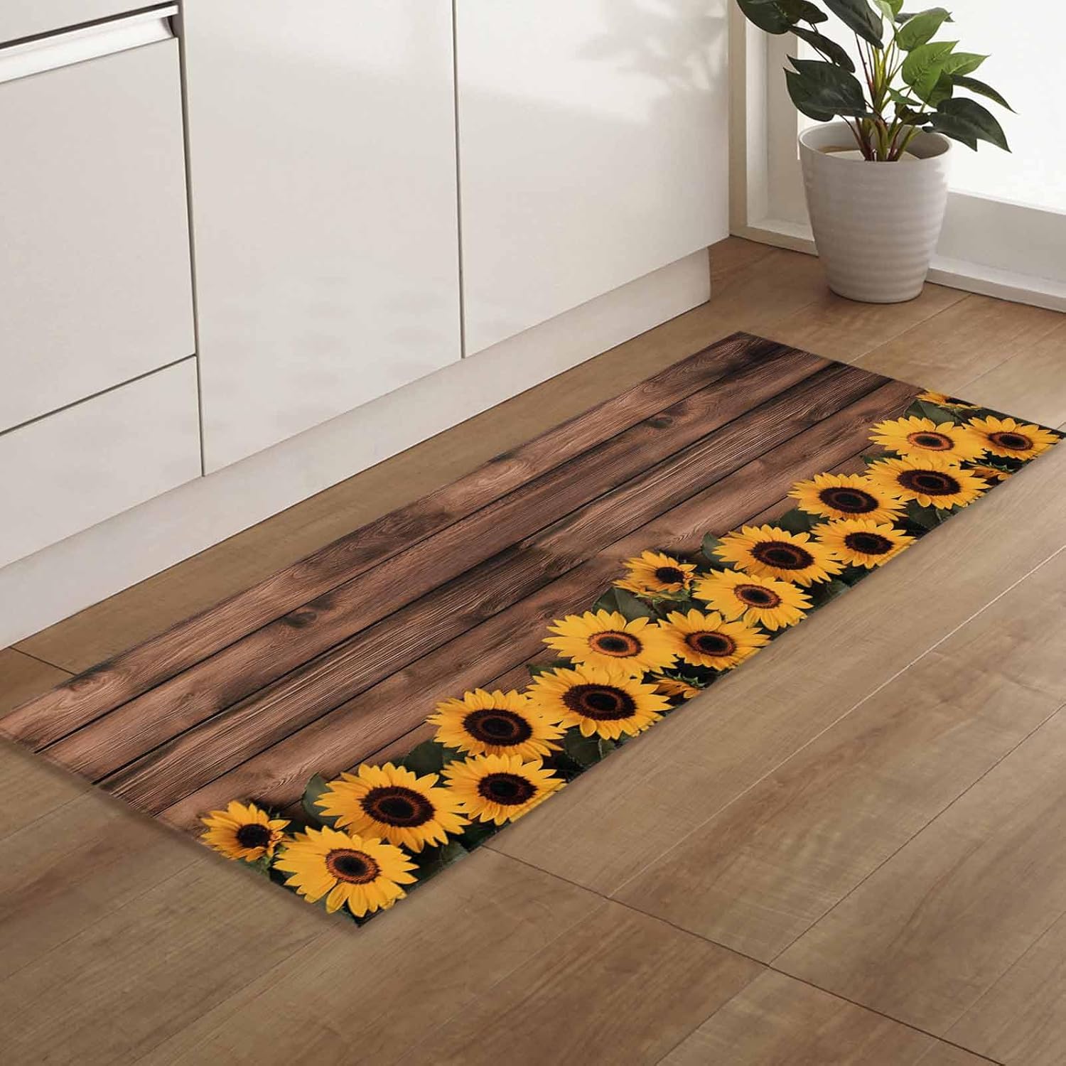 2 Pieces Kitchen Rugs and Mats,Vintage Sunflower on Rustic Wood Area Runner Rug Set Non Slip Floor Doormat Washable Carpet Standing Mat for Kitchen Sink Indoor Corridor,Summer Farmhouse Plant Wooden