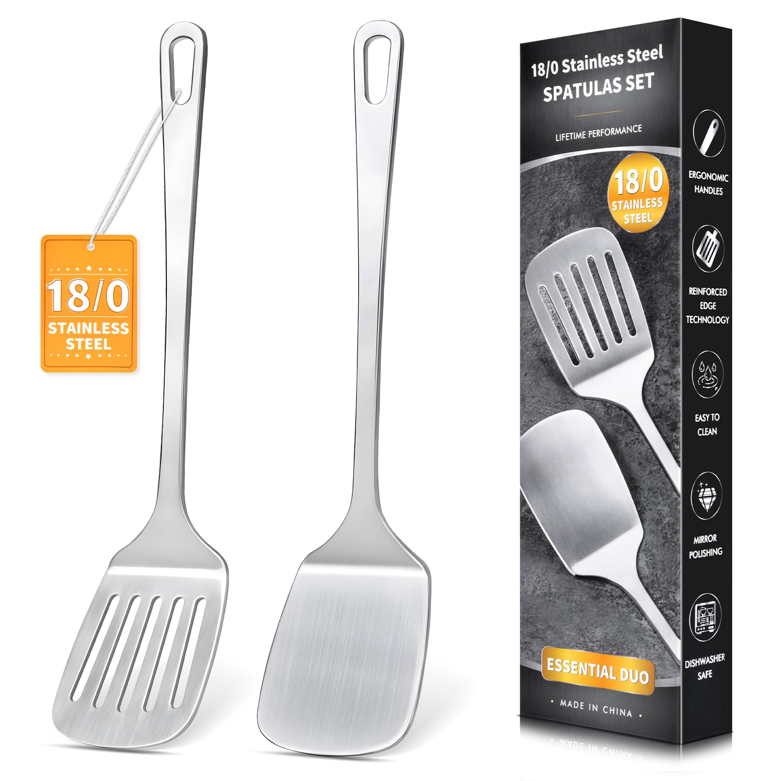 2 Pcs Stainless Steel Spatulas Set, Metal Spatula Solid & Slotted Turner, Heavy Duty Sturdy Spatula for Kitchen Use, High Heat Resistant Cooking Utensils for Fish Eggs Pancakes, Easy to Clean, Silver
