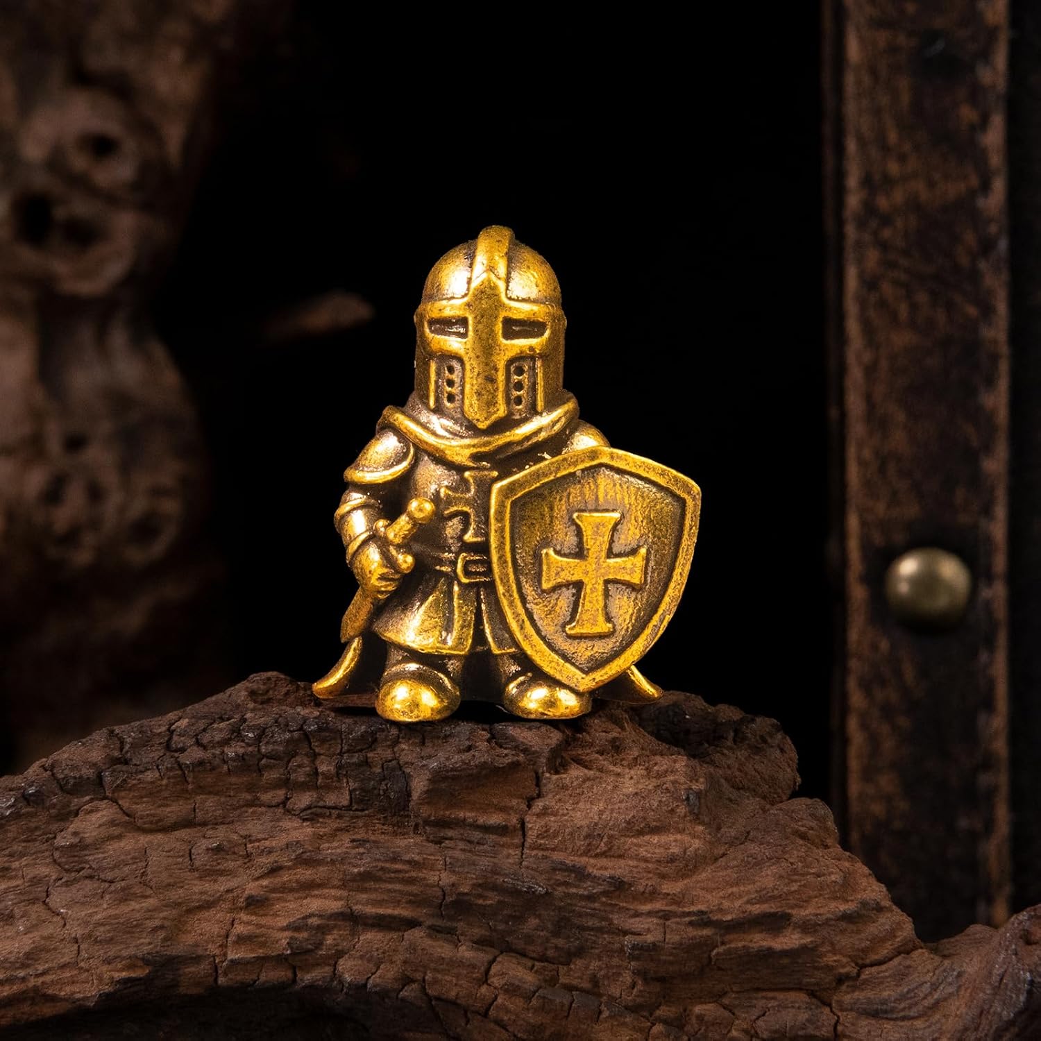 100% Solid Brass Retro Gothic Knight Decor, Collectible Figurines, Oddities and Curiosities, Hooded Friar, Cross Shield Guardian or Skeleton Crusader Sculpture for Desk and Templar Collector Gift - A image 2