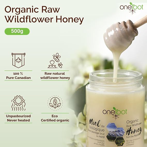 OneRoot Raw Honey Bundle 500g Buckwheat & 1.1 lbs Organic Canadian Wildflower Honey Unheated & Nutrient-Rich Antioxidant-Packed Natural Sweeteners