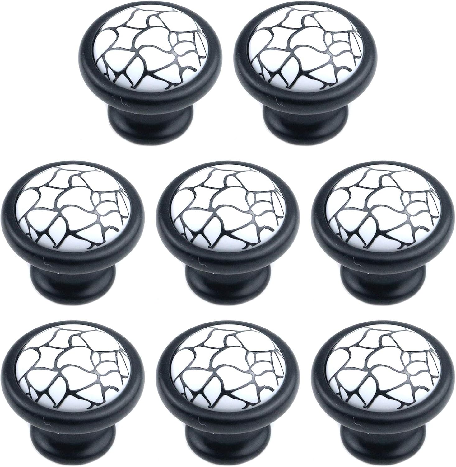 MY MIRONEY 8-Pack Black White Ceramics Cabinet Knob 1.42" Diameter Round Drawer Dresser Handles Black Lines Pattern Decorative Knob Pulls