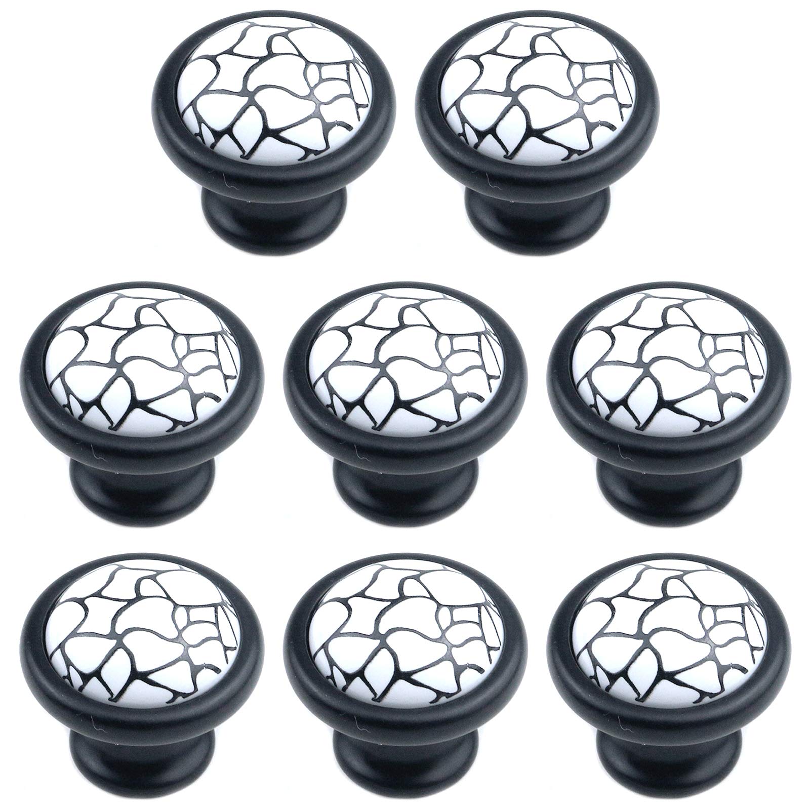 MY MIRONEY 8-Pack Black White Ceramics Cabinet Knob 1.42" Diameter Round Drawer Dresser Handles Black Lines Pattern Decorative Knob Pulls