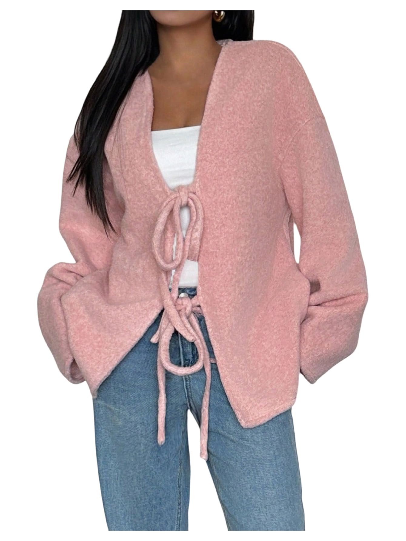 GORGLITTER Womens Bow Tie Front Cardigan Oversized Chunky Cozy Pea Coats Long Sleeve Trendy Fall Winter Jackets