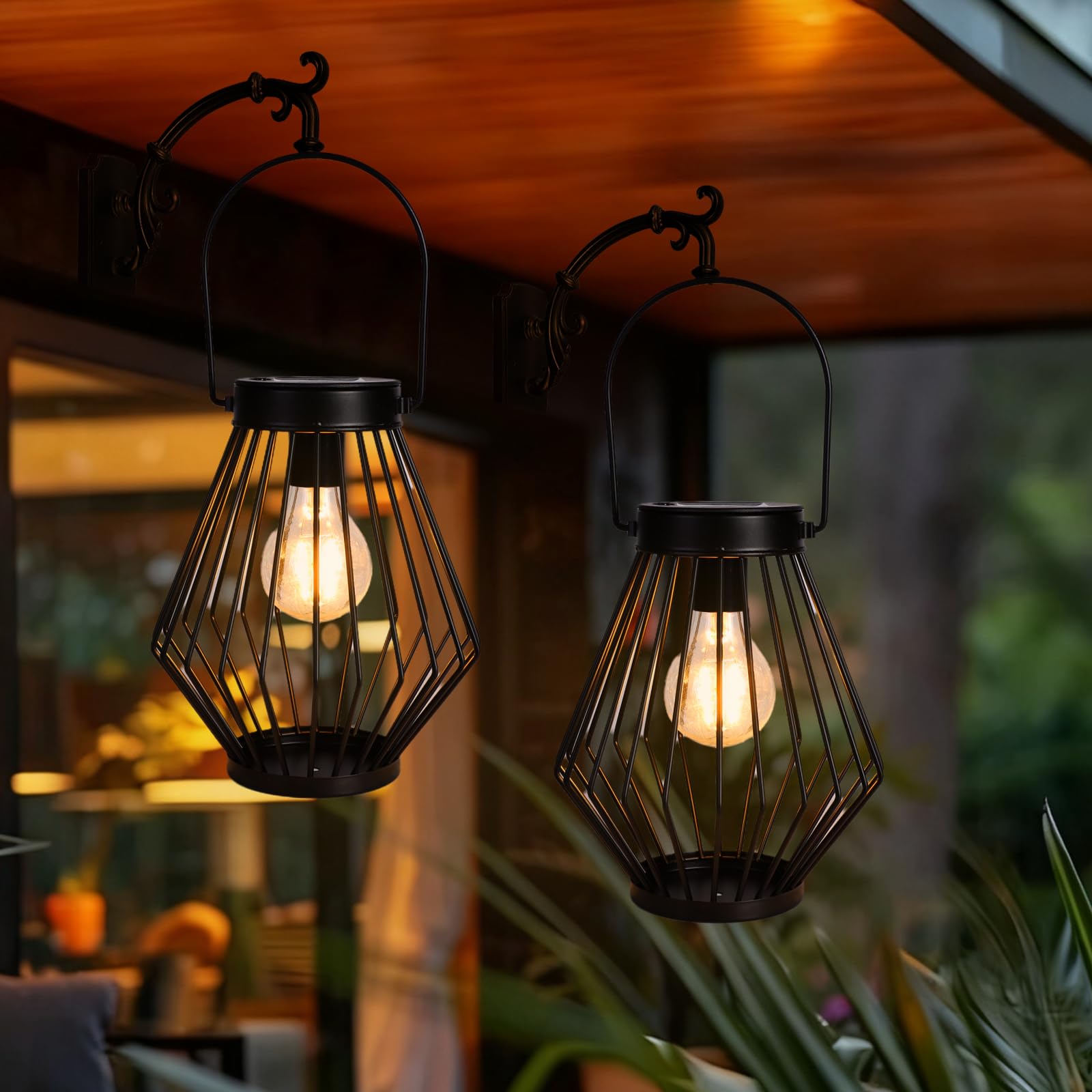 Solarlaterne für den Außenbereich, solarbetriebene Metallleuchte mit Griff, 2 Packungen, wasserdicht, kabellos, warm, Retro-Leuchtmittel, Design-Lampe für Hof, Garten, Terrasse, Zaun,