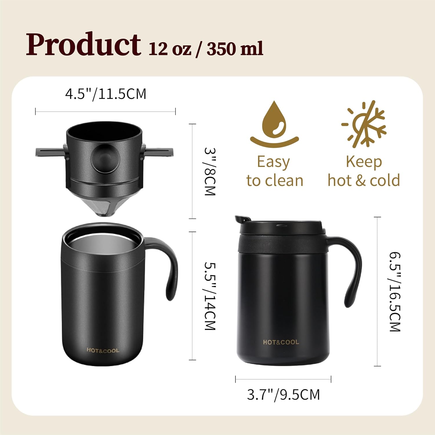 Pour Over Coffee Maker Set 16oz Stainless Steel Insulated Mug Foldable Filter for Camping Travel Office (Black)
